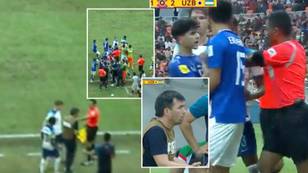 Uzbekistan manager sent off after bizarre breach of rules as brawl erupts in final stages of England U17s defeat