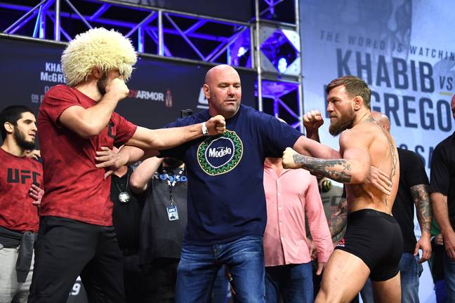 Khabib Nurmagomedov and Conor McGregor face-off at the official weigh-in. Image: Getty 