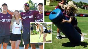 Golf influencer Paige Spiranac shows off her tackling skills as she hangs out with Manly Sea Eagles