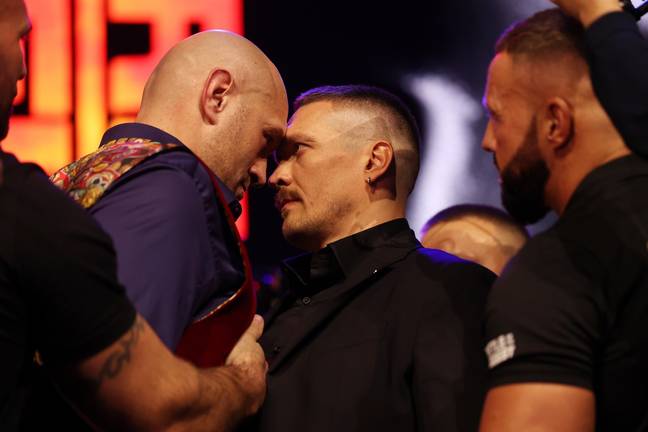 Tyson Fury and Oleksandr Usyk square off ahead of their fight. Image: Getty 