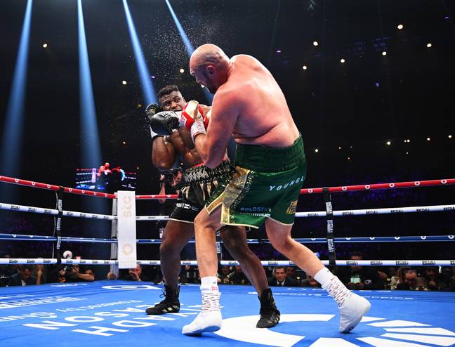 Francis Ngannou drops Tyson Fury. Image: Getty 